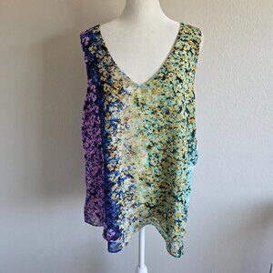 Cabi Blouse Size L Artsy Floral V-Neck Sleeveless Lined Chiffon Colorful Popover